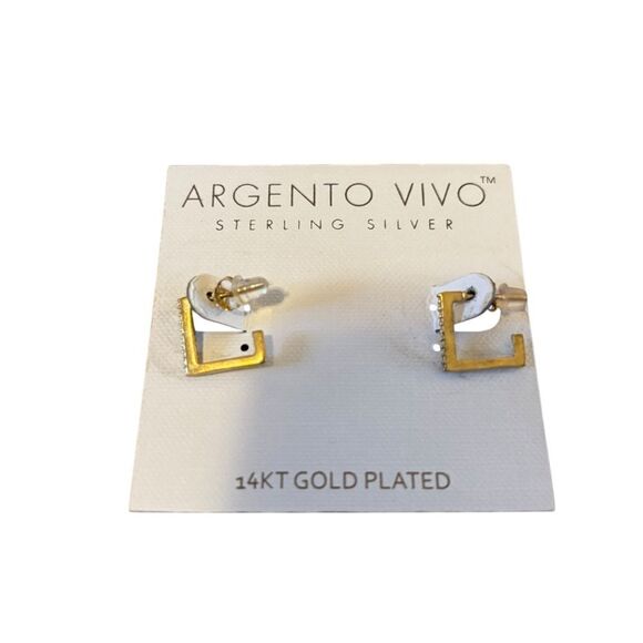 Argento Vivo Sterling Silver 14 KT Gold Plated Square Earrings w/Pave Crystals. - Picture 4 of 6
